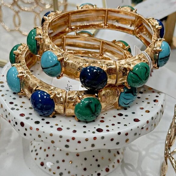 Byzantine Inspired Stone Gold Dipped Stretch Cuff Bangle Bracelets SET of 2 - Picture 2 of 11